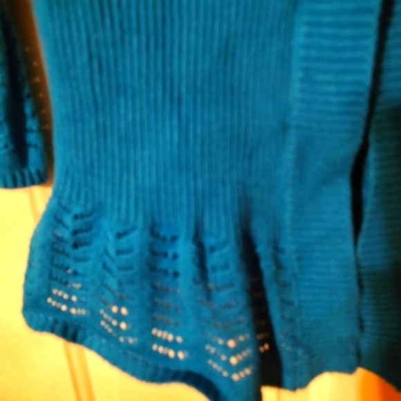 🐦Glorious Vtg 80's Rich Turquoise Crochet Woven Bell Sleeve Cardigan Sweater -S - Picture 13 of 16